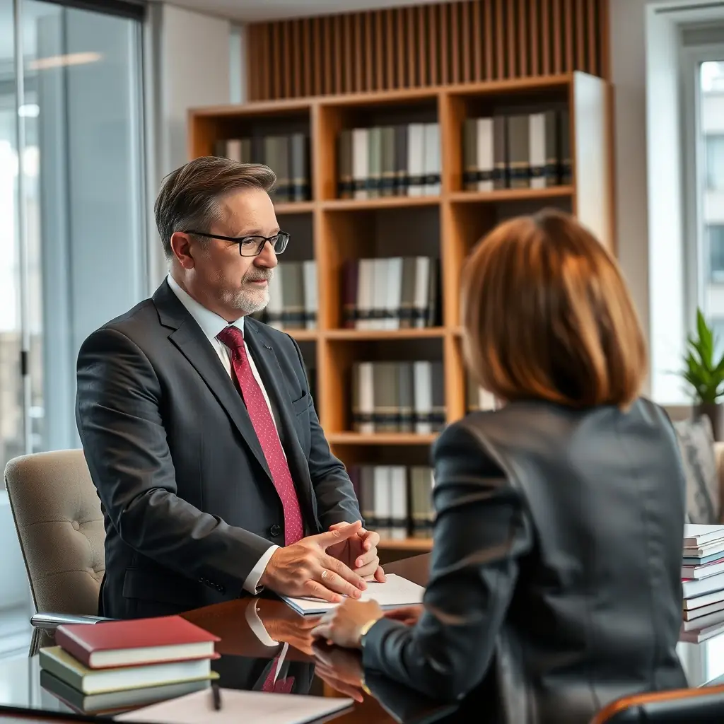 Dr. Szabó in a professional setting, advising an employee about their rights, with legal documents subtly visible in the background.